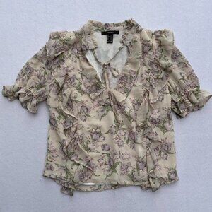 Forever 21 Floral Chiffon Cream Ruffle Puff Sleeve V-neck Blouse Size S Office